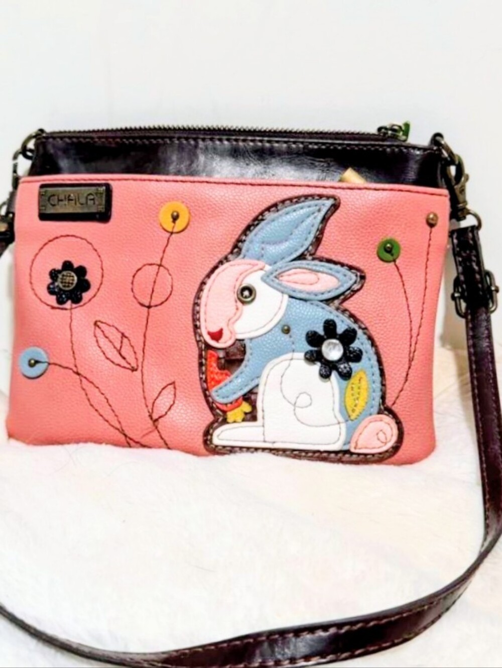 Chala Pink Bunny Applique' With Adjustable Shoulder Bag Strap Multicolor Accent
